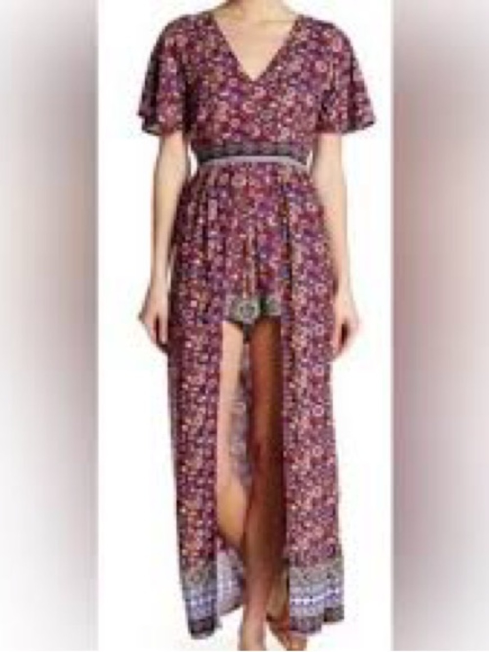 Angie Burgundy Floral High-Low Maxi Dress